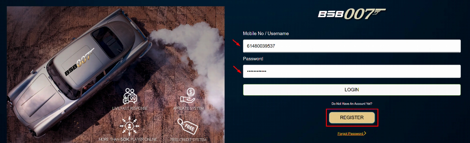 BSB007 Casino login page for Australian players